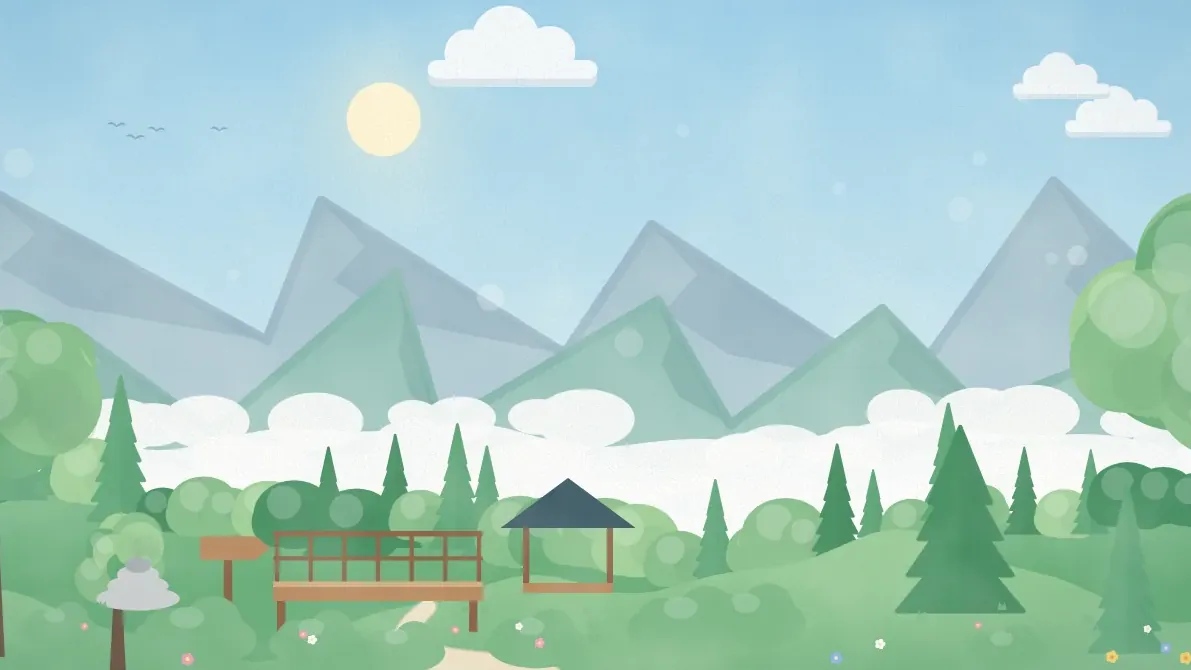 雲海に浮かぶ山並みと、展望デッキのある山の景色のイメージイラスト
