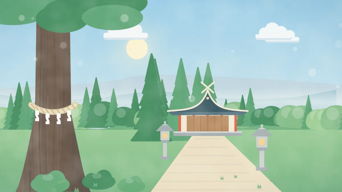 神社の参道と社殿、しめ縄を巻いた大木のイメージイラスト