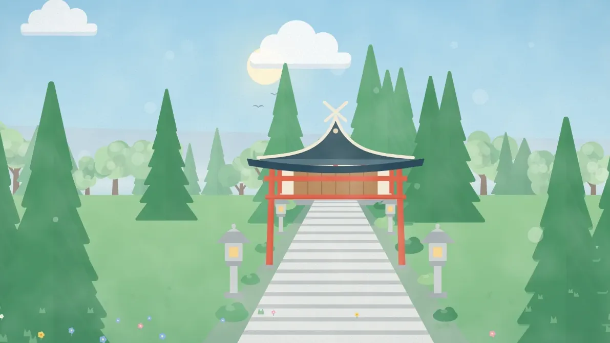 石段の参道と鳥居、社殿のイメージイラスト