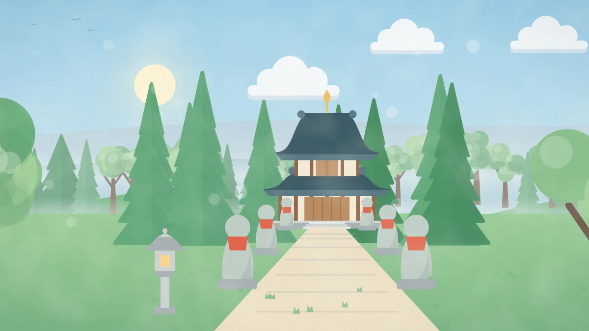 本堂とお地蔵さまが並ぶお寺のイメージイラスト