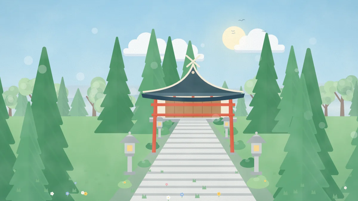 石段の参道と鳥居、社殿のイメージイラスト