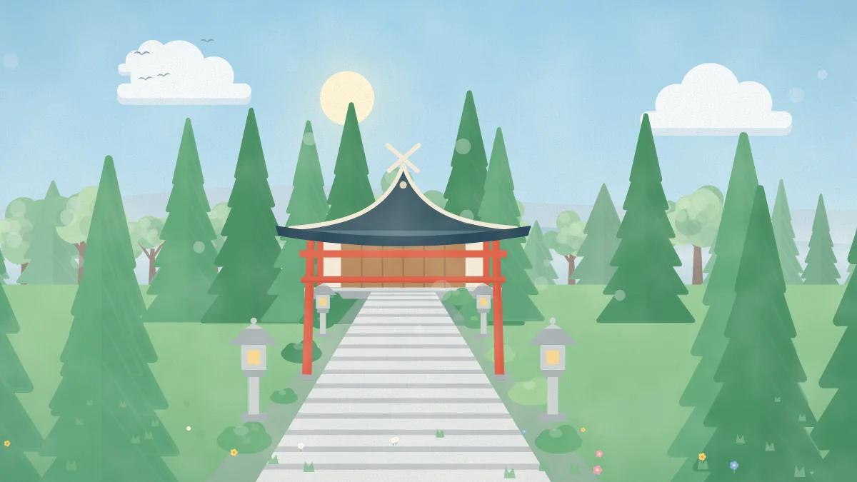 石段の参道と鳥居、社殿のイメージイラスト