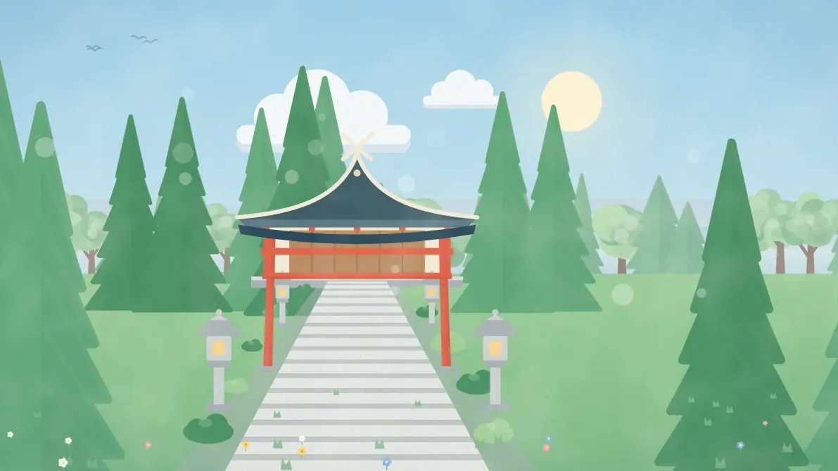 石段の参道と鳥居、社殿のイメージイラスト