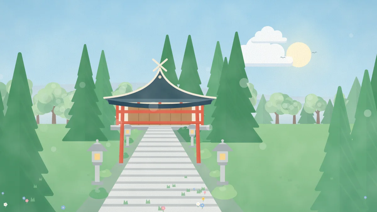 石段の参道と鳥居、社殿のイメージイラスト