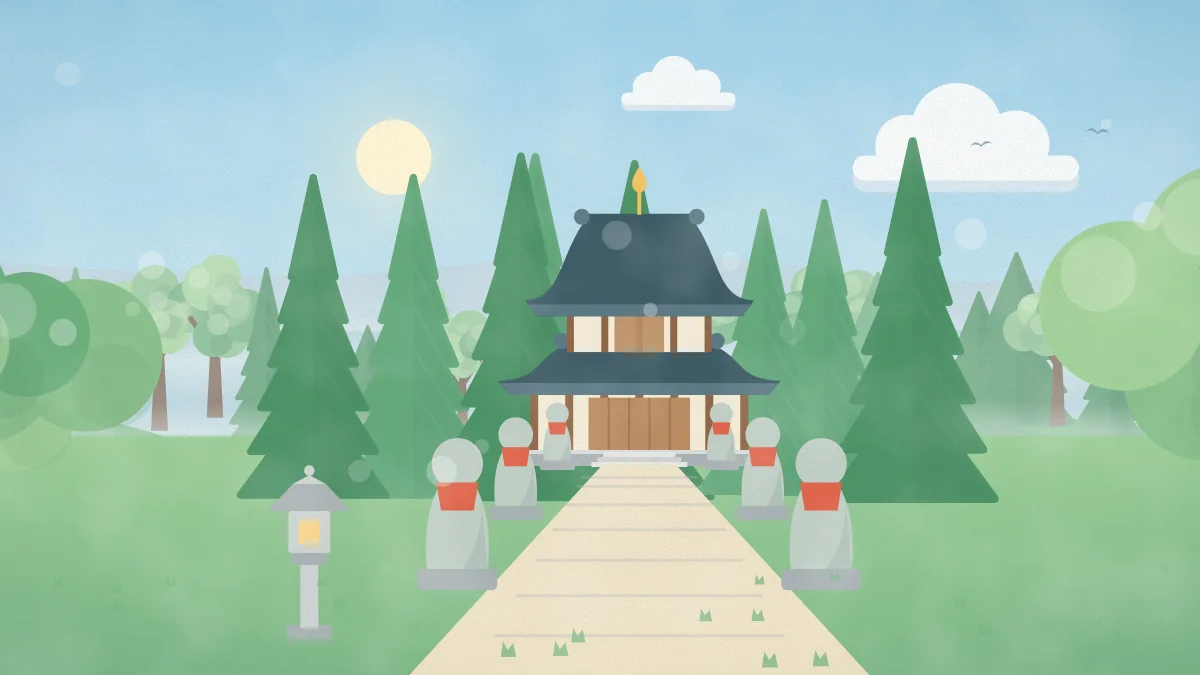 本堂とお地蔵さまが並ぶお寺のイメージイラスト