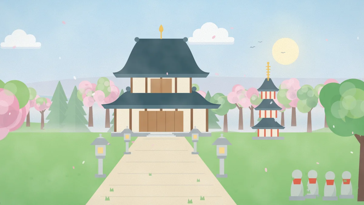本堂とお地蔵さまが並ぶお寺のイメージイラスト