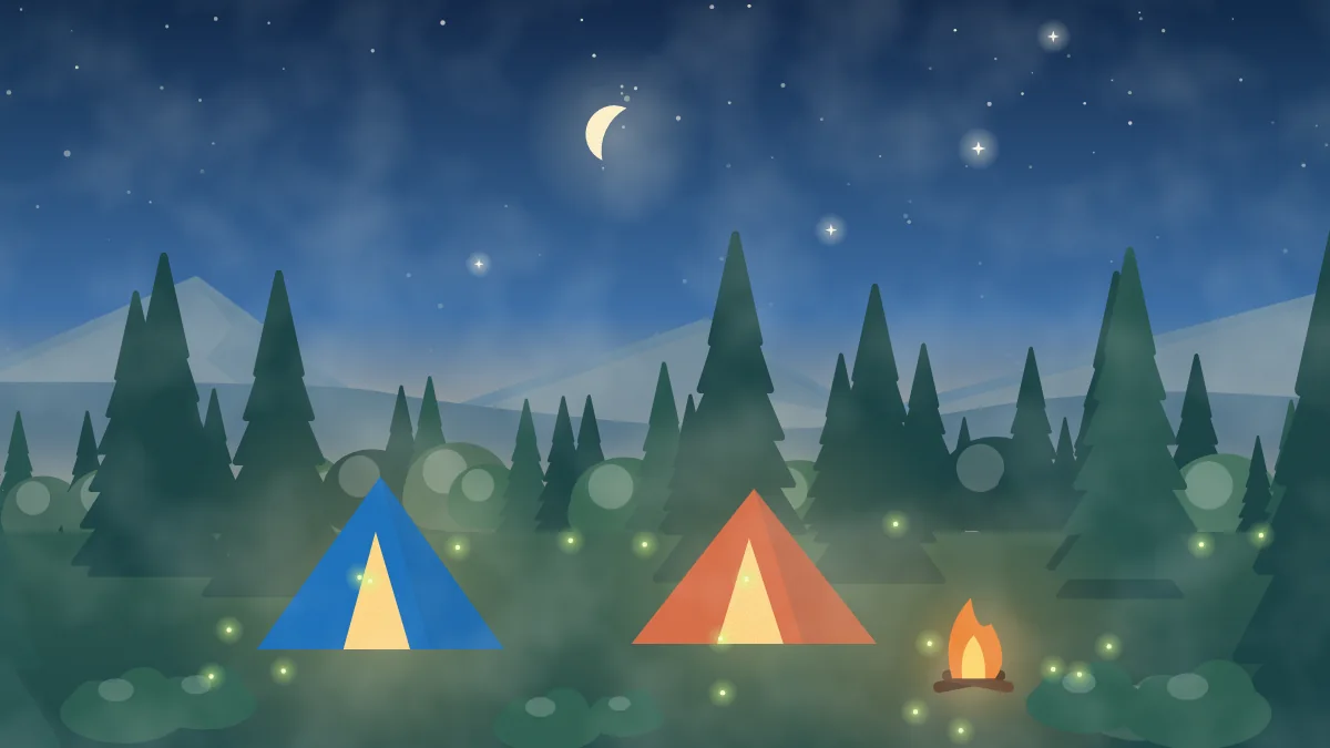 星空の下のテントとたき火、キャンプ場のイメージイラスト