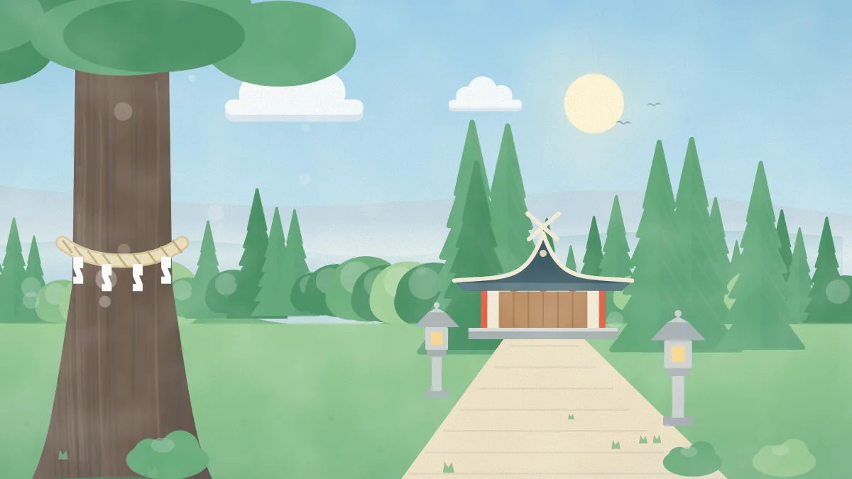 しめ縄の御神木と小さな社殿のイメージイラスト