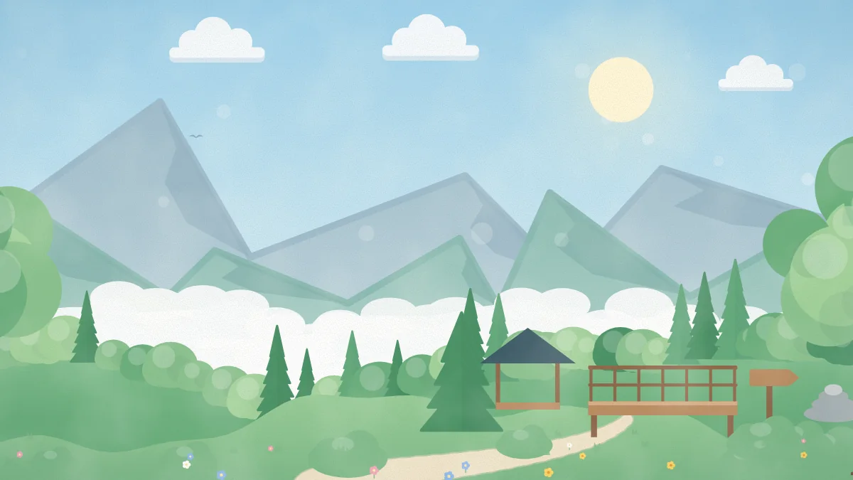 山並みと雲海、登山道と展望デッキのイメージイラスト