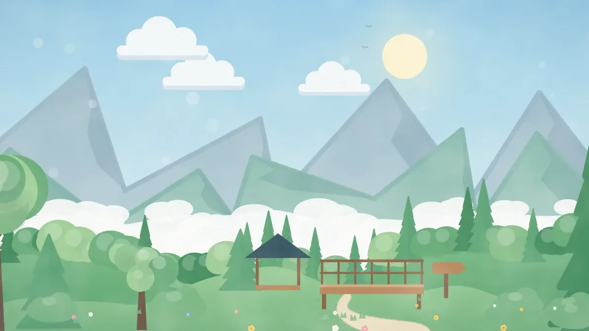 山並みと雲海、登山道と展望デッキのイメージイラスト