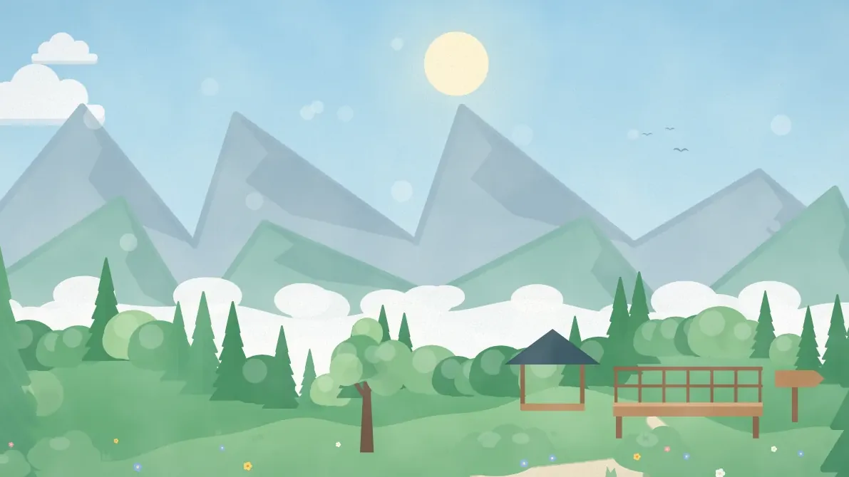 尖った山並みと雲海、登山道と東屋のイメージイラスト