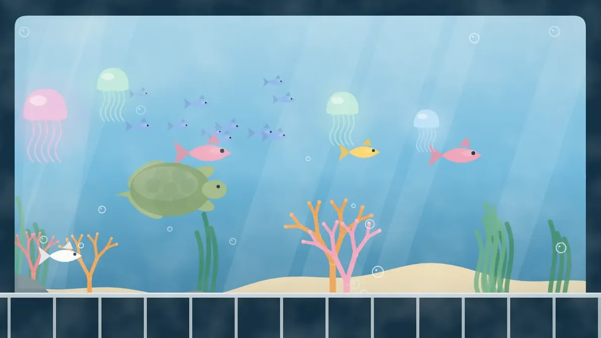 水槽の中を泳ぐ魚やクラゲ、サンゴのイメージイラスト