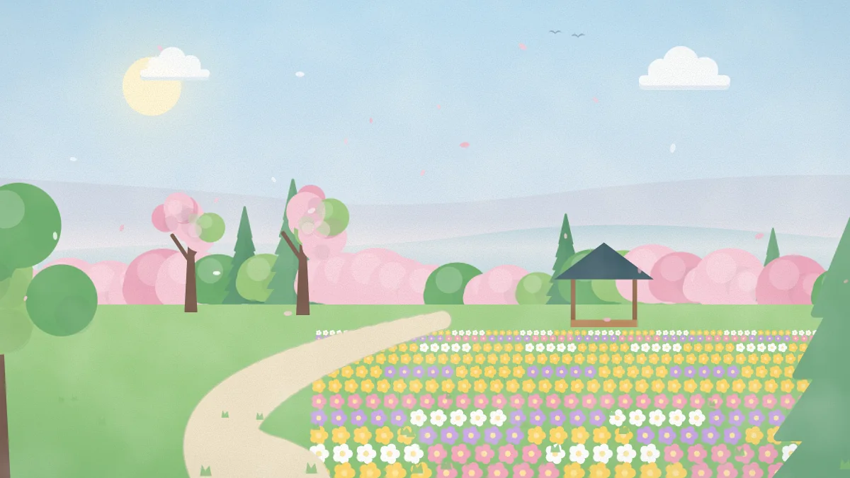 花畑と遊歩道、東屋のある春の公園のイメージイラスト