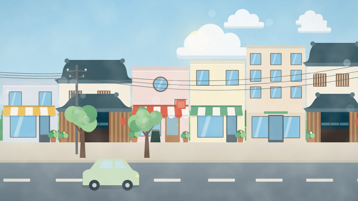 お店が並ぶ通りと走る車のイメージイラスト