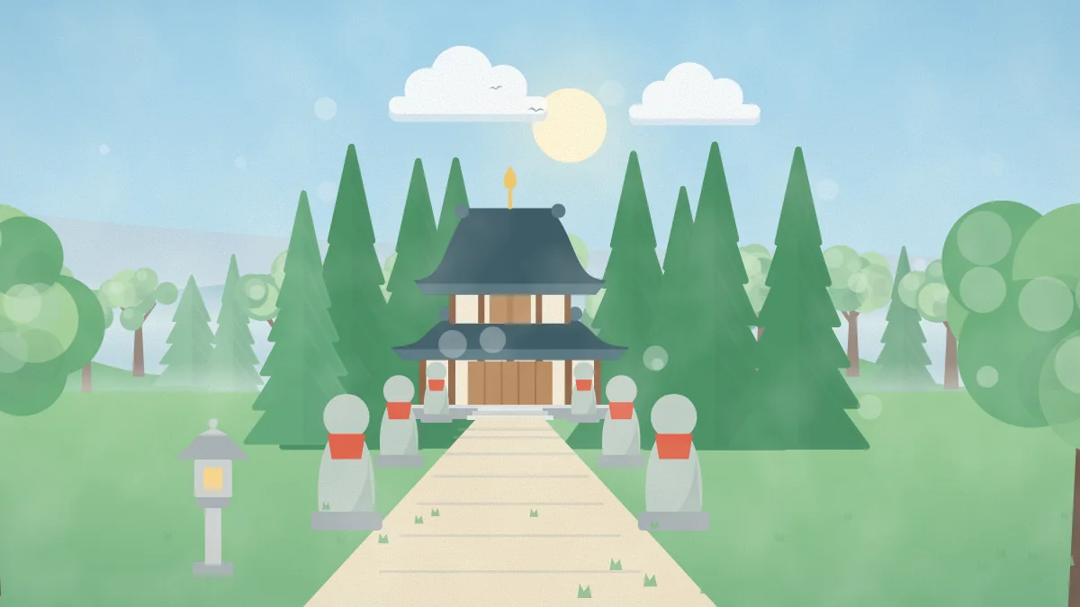 参道の先のお堂と、並ぶお地蔵さまのイメージイラスト