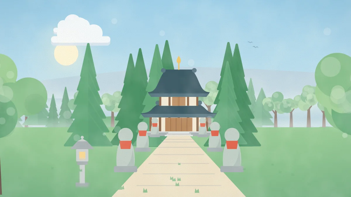 参道の先のお堂と、並ぶお地蔵さまのイメージイラスト