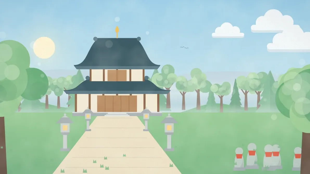 参道の先に本堂がたたずむ静かなお寺のイメージイラスト
