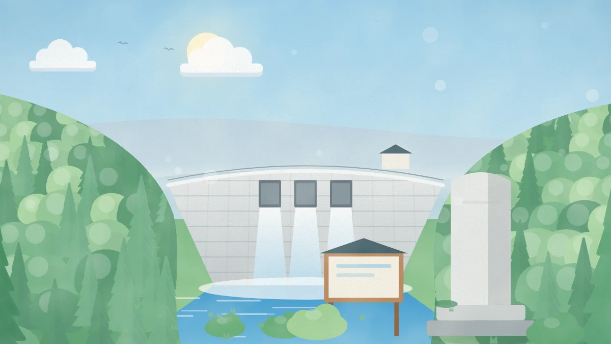 山あいのダムと石碑・案内板のイメージイラスト