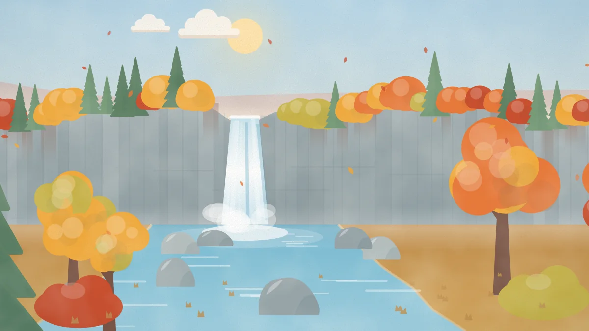 紅葉に彩られた岩壁と清流のイメージイラスト