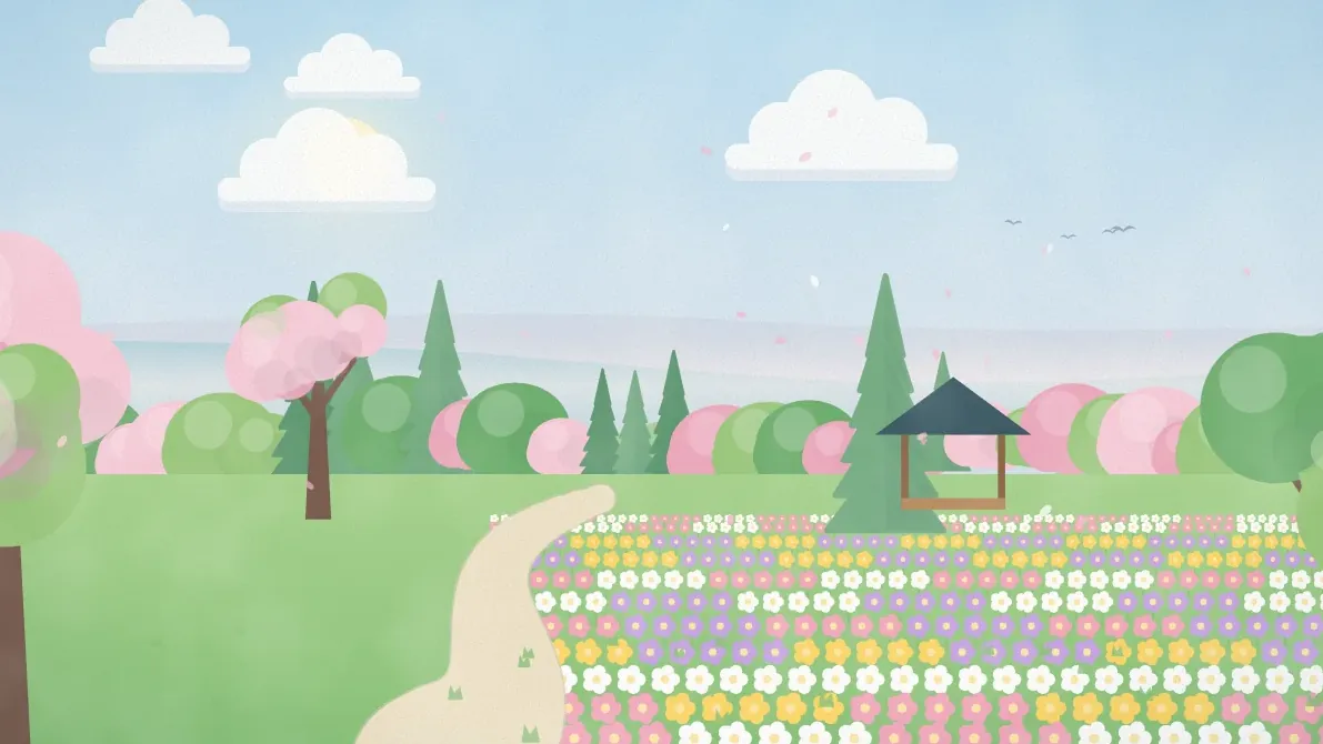 桜が咲く春の公園と花畑、あずまやのイメージイラスト