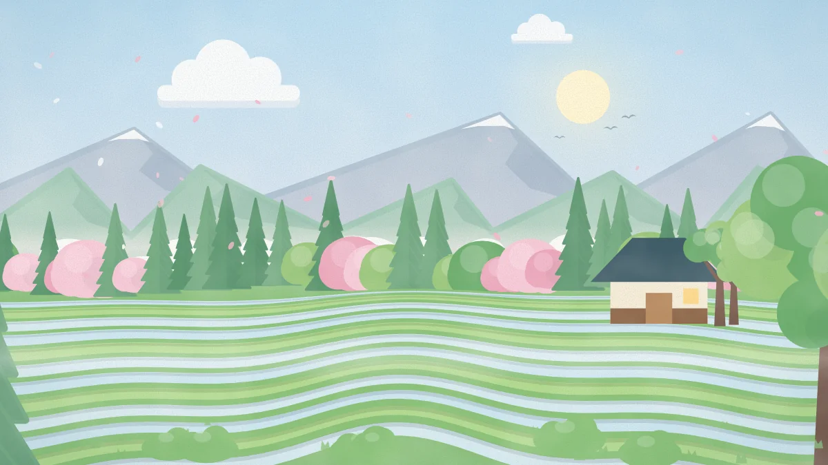 山並みを望む春の棚田と山里の家のイメージイラスト
