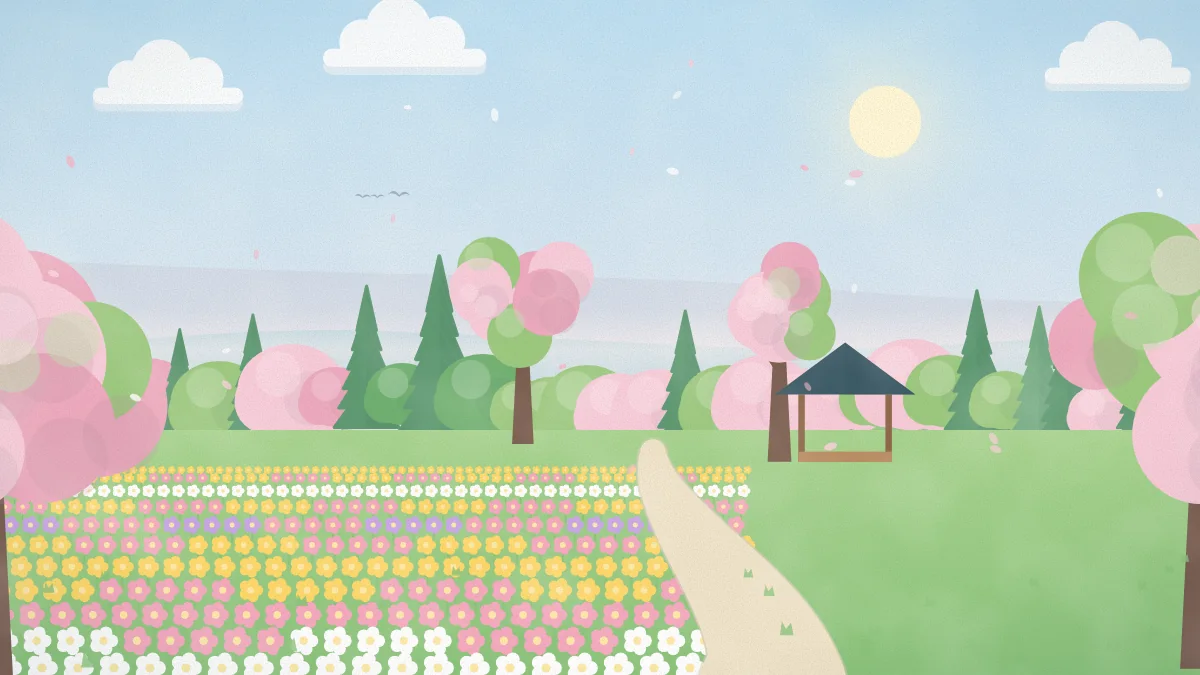 桜の木々と小道、あずまやがある春の公園のイメージイラスト