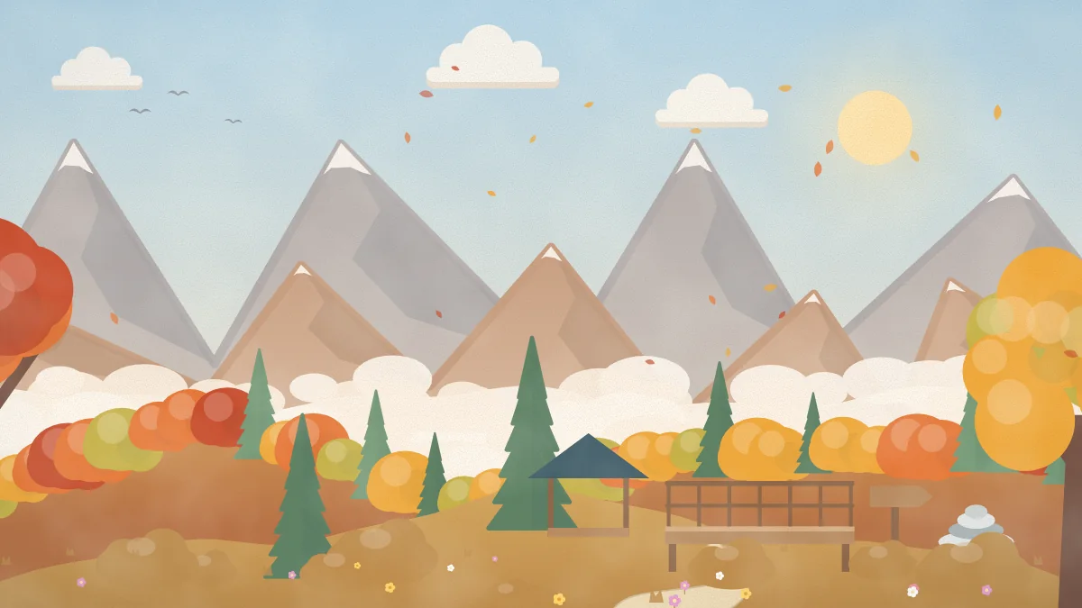 紅葉の木々と展望デッキ、あずまやがある秋の山のイメージイラスト