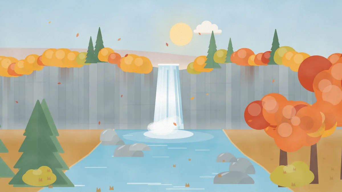 紅葉の木々に囲まれた岩壁を流れ落ちる一筋の滝のイメージイラスト