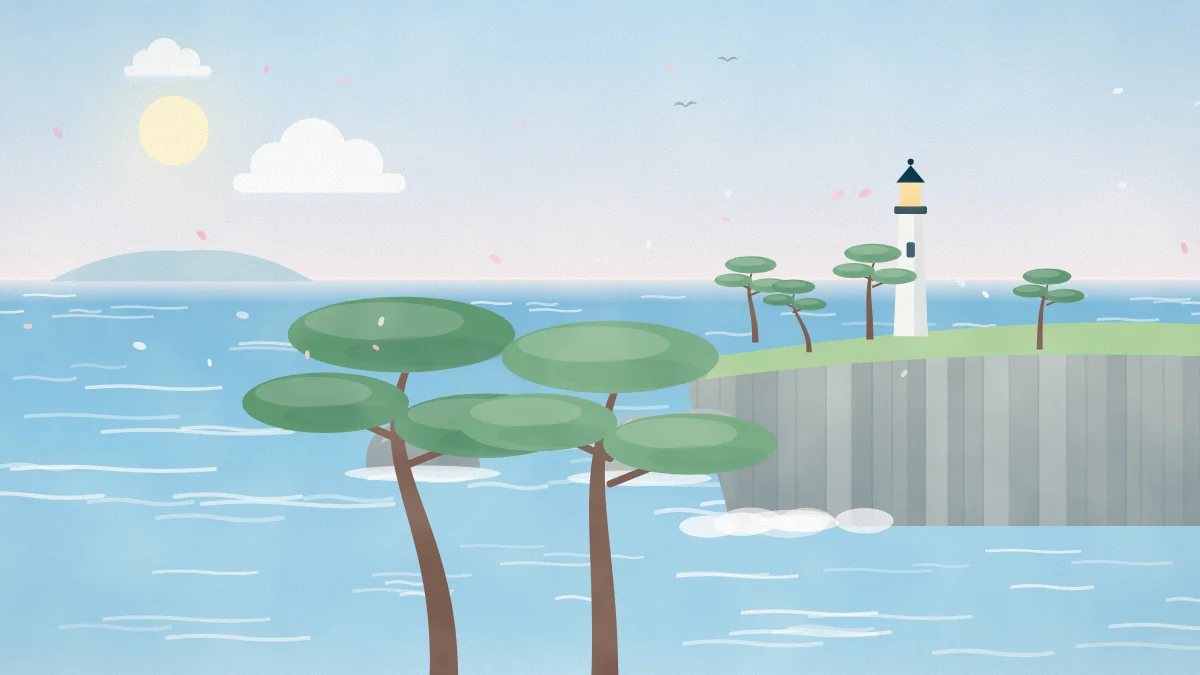 松の枝越しに海と岬を望む春のイメージイラスト