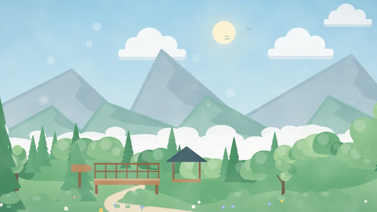 雲海に浮かぶ山並みと、展望デッキ・道標のある山道のイメージイラスト