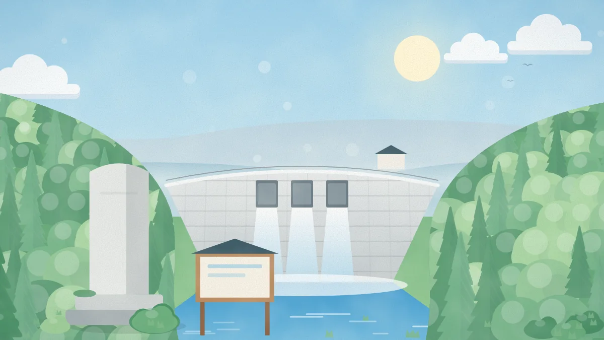 緑の山あいに建つコンクリートダムと、青いダム湖のイメージイラスト