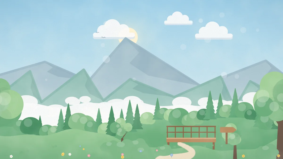 雲海に浮かぶ山並みと、道標・展望デッキのある山道のイメージイラスト