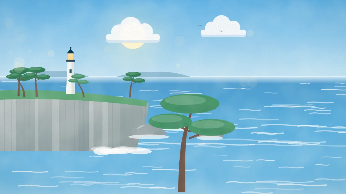 海に突き出した断崖と灯台、青い海を描いたイメージイラスト