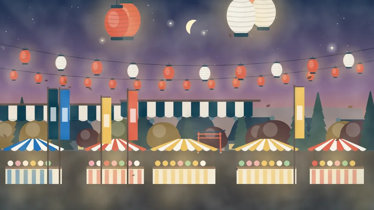 提灯と屋台が並ぶ秋の夜まつりのイメージイラスト