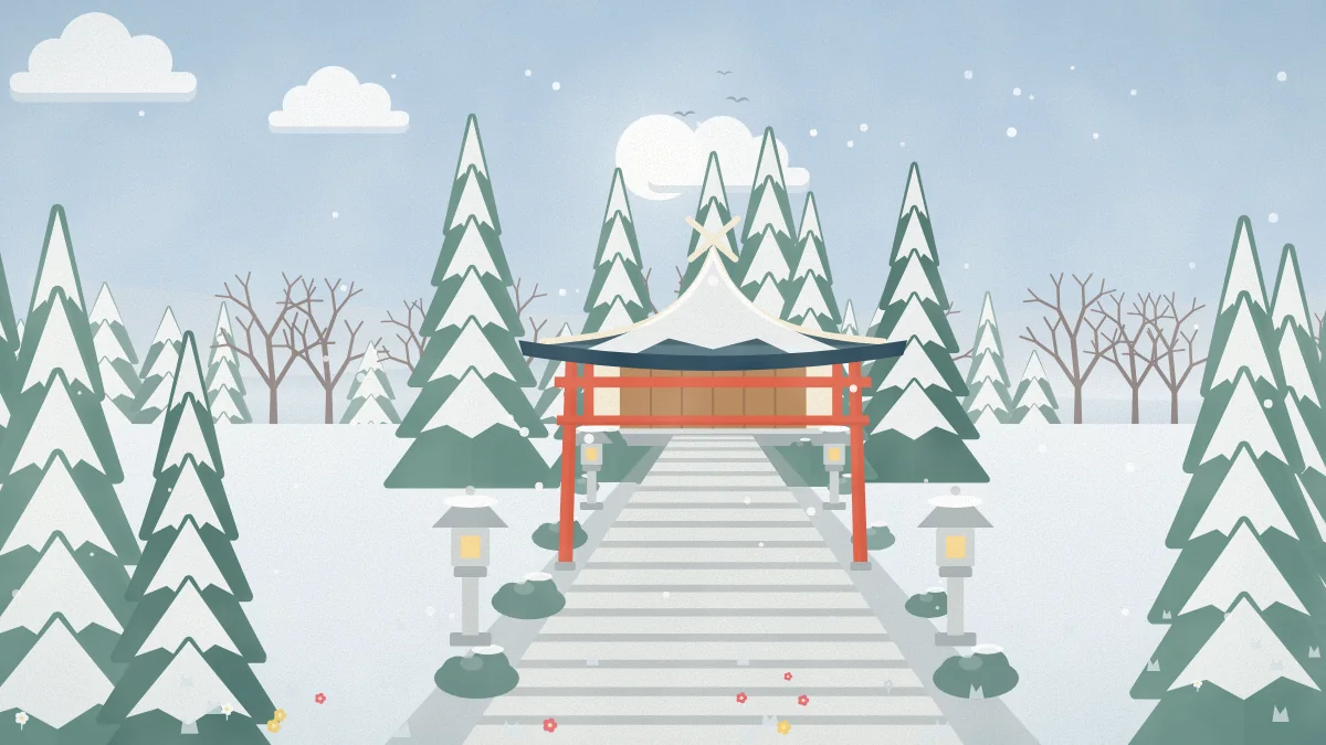 雪に包まれた冬の神社のイメージイラスト