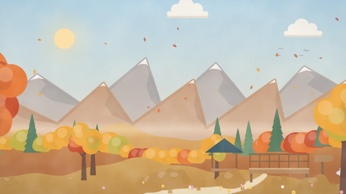 紅葉の山並みと山里のイメージイラスト