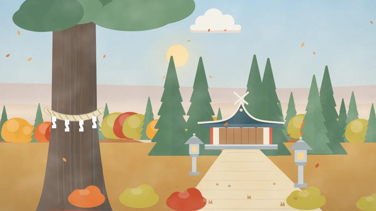 秋の神社と大きな木のイメージイラスト