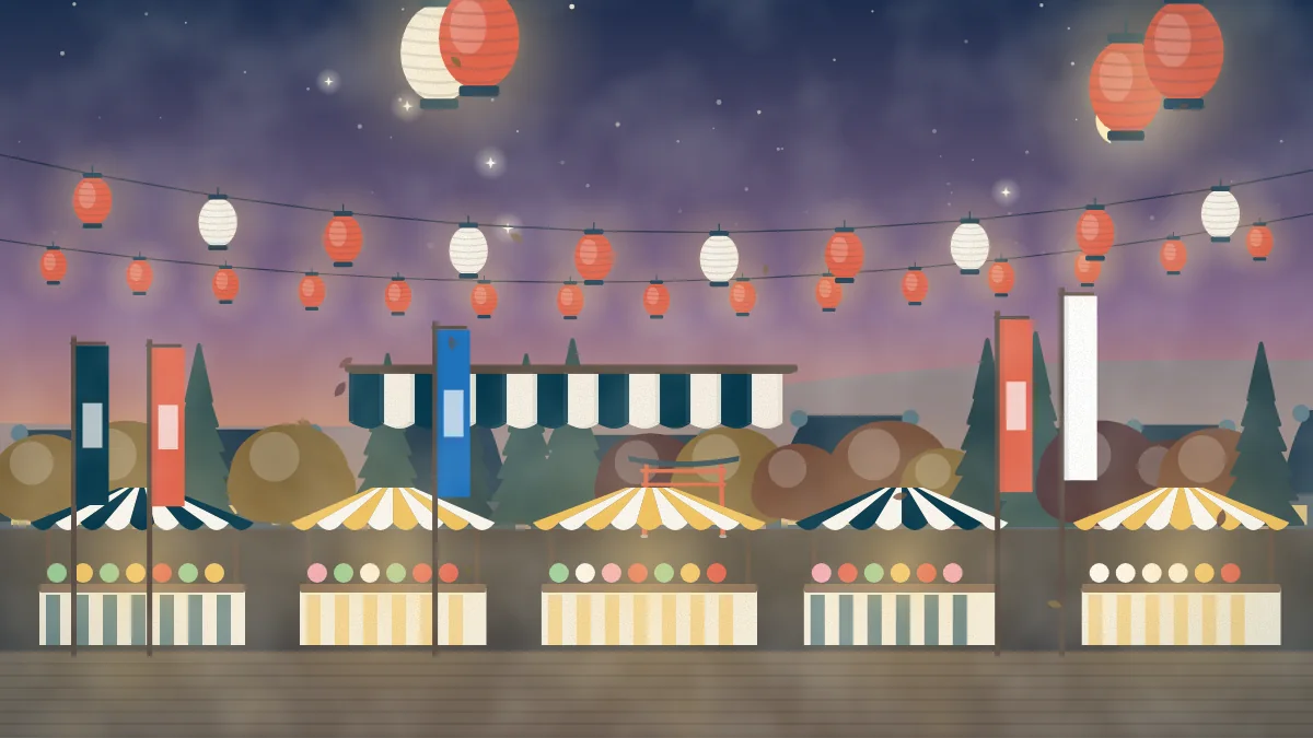 提灯と屋台が並ぶお祭りの夜のイメージイラスト