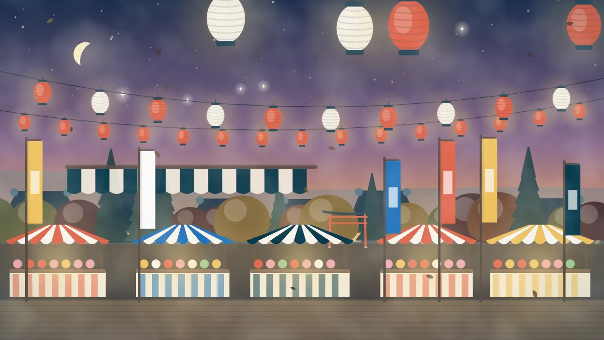 提灯と屋台が並ぶ祭りのイメージイラスト