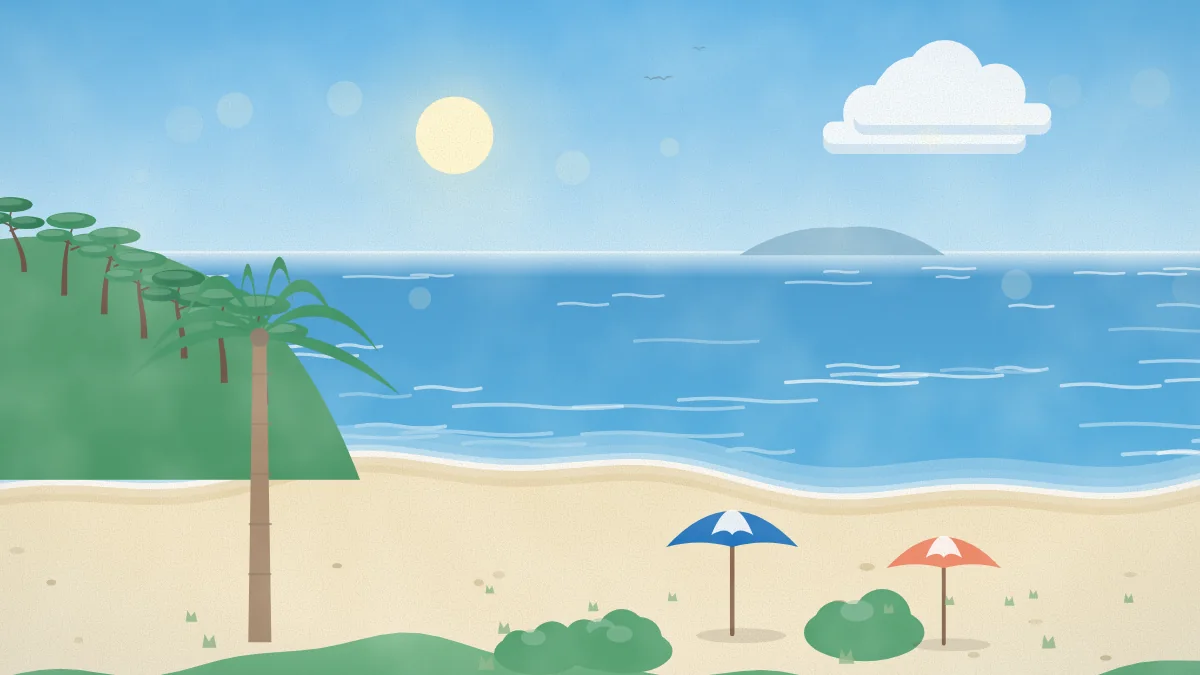 青い海と砂浜が広がる夏の海辺のイメージイラスト