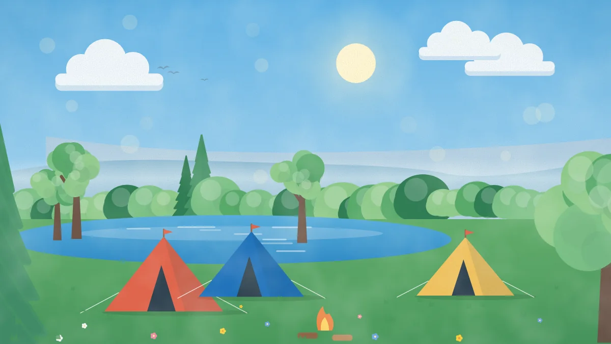 テントが並ぶ夏のキャンプ場のイメージイラスト