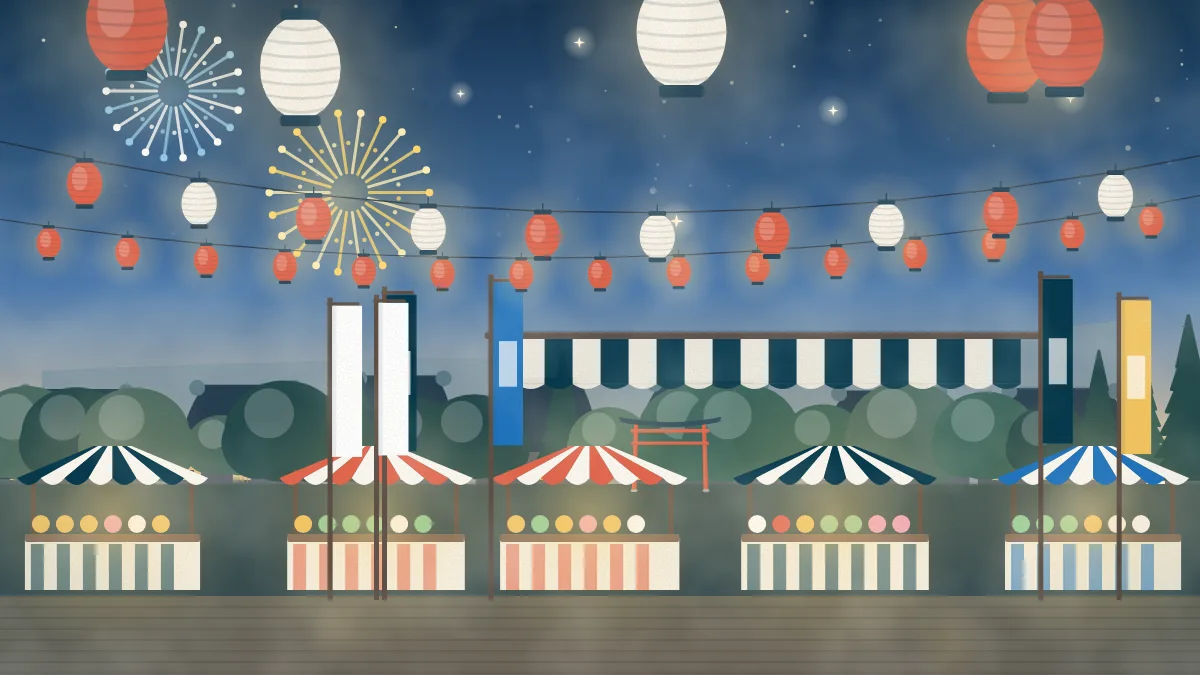 提灯と屋台が並ぶ祭りのイメージイラスト