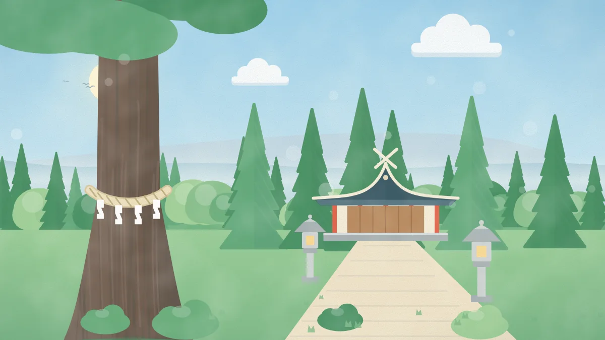しめ縄の御神木と社殿のイメージイラスト