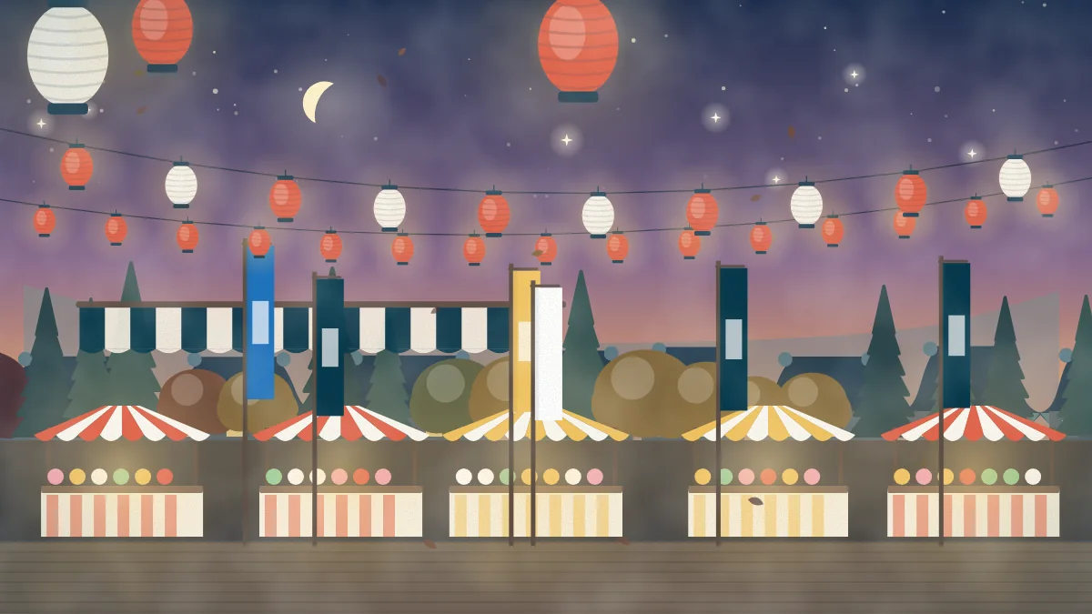 提灯とのぼりが並ぶ祭りのイメージイラスト