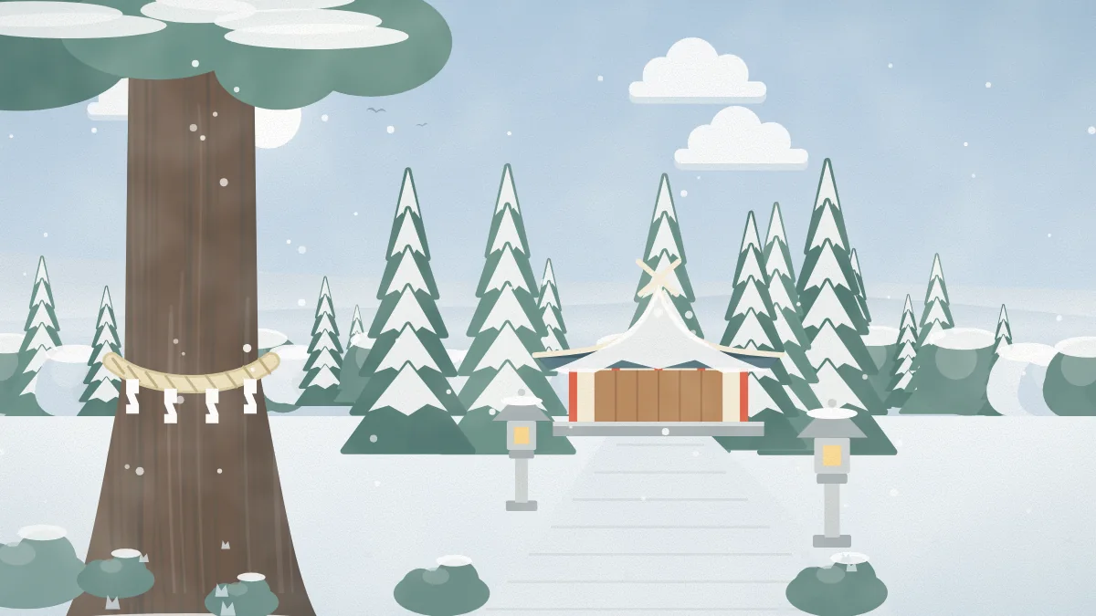 雪の中のしめ縄の御神木と小さな社殿のイメージイラスト