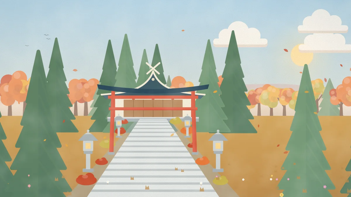 紅葉の季節の神社の鳥居と石段のイメージイラスト