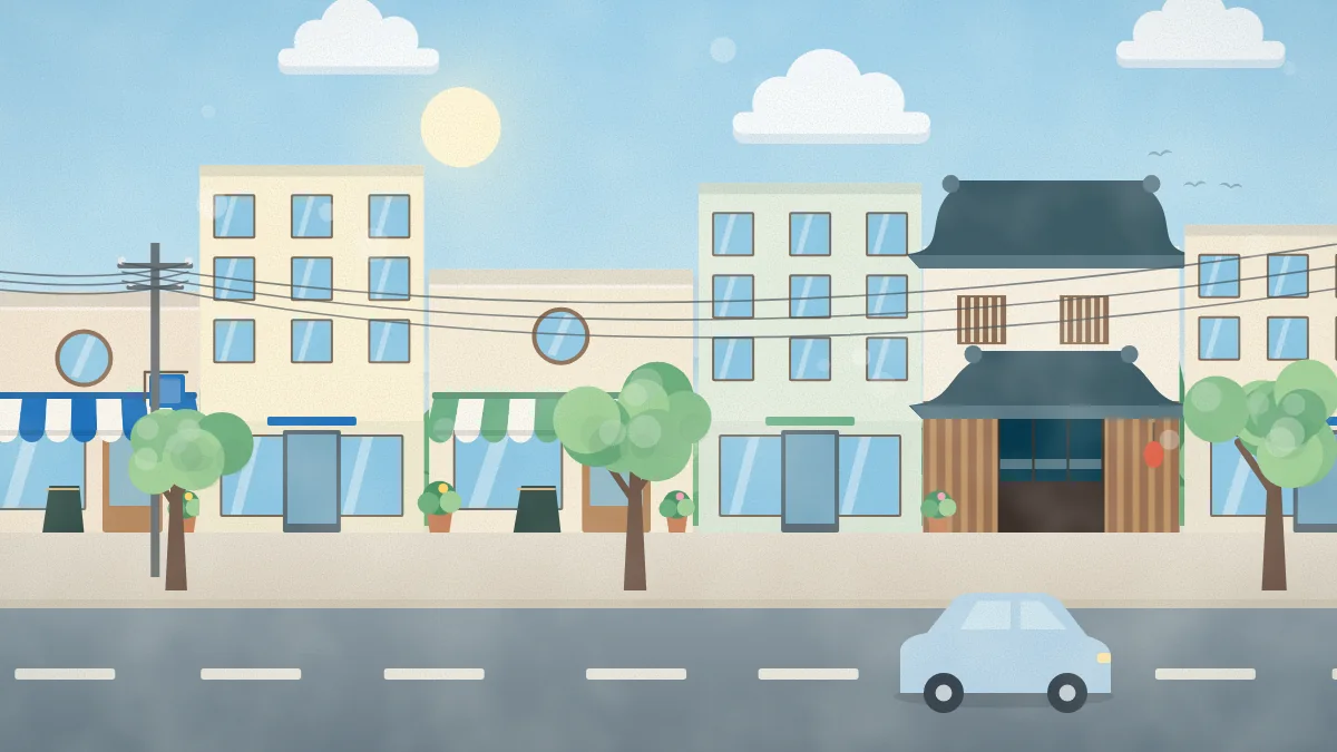 道の駅やお店が並ぶ通りのイメージイラスト