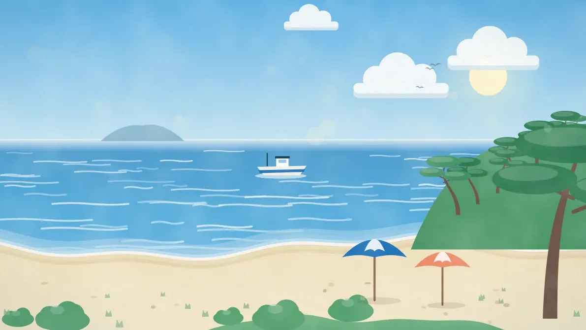 パラソルが並ぶ夏の海辺のイメージイラスト