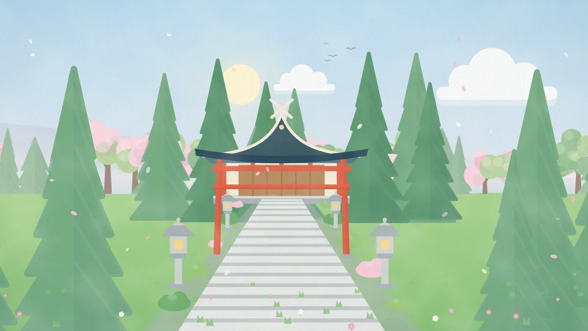 石段と鳥居と社殿が並ぶ神社のイメージイラスト