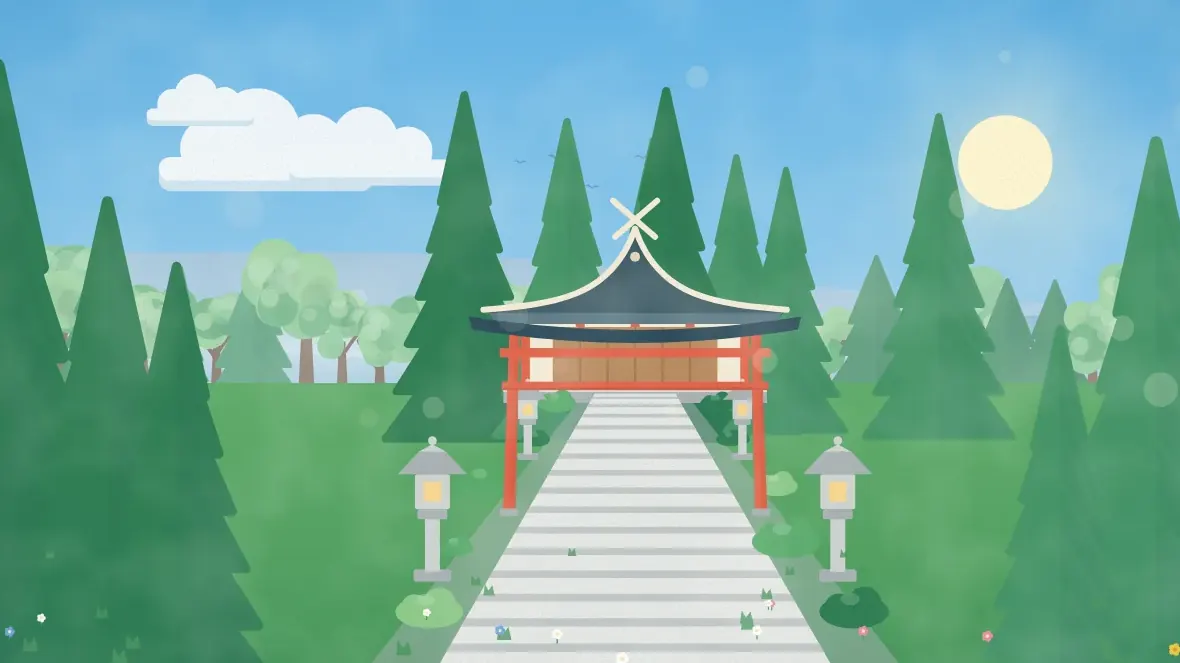 石段と鳥居と社殿が並ぶ神社のイメージイラスト